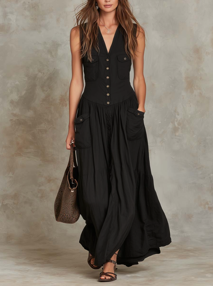 Retro flap pocket cotton maxi dress front view