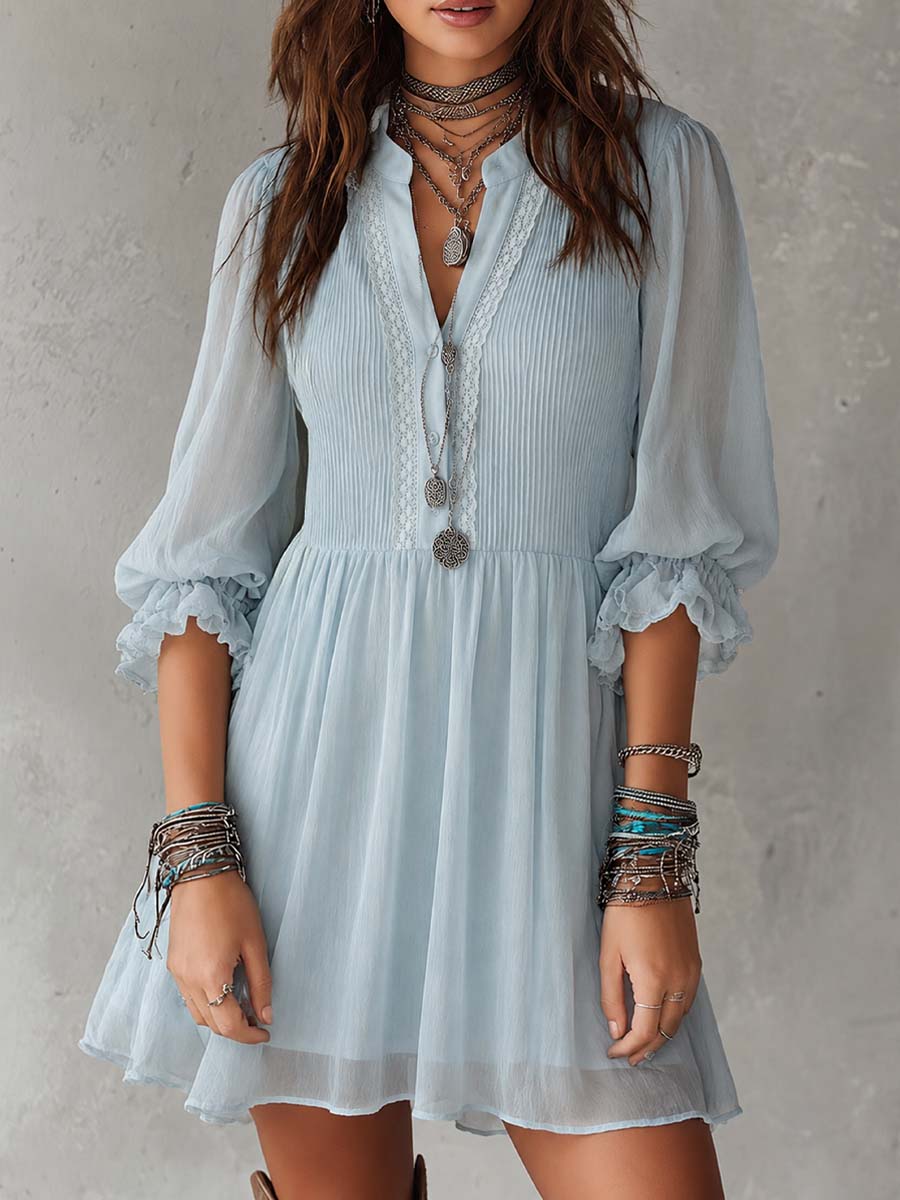 Retro ruffle cuffs chiffon mini dress front view