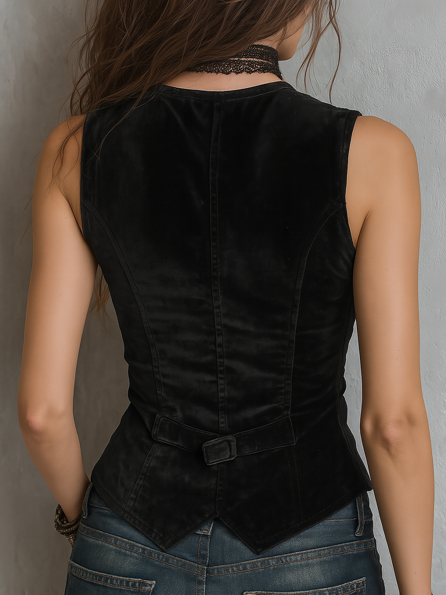 Velvet vest V-neck detail close-up