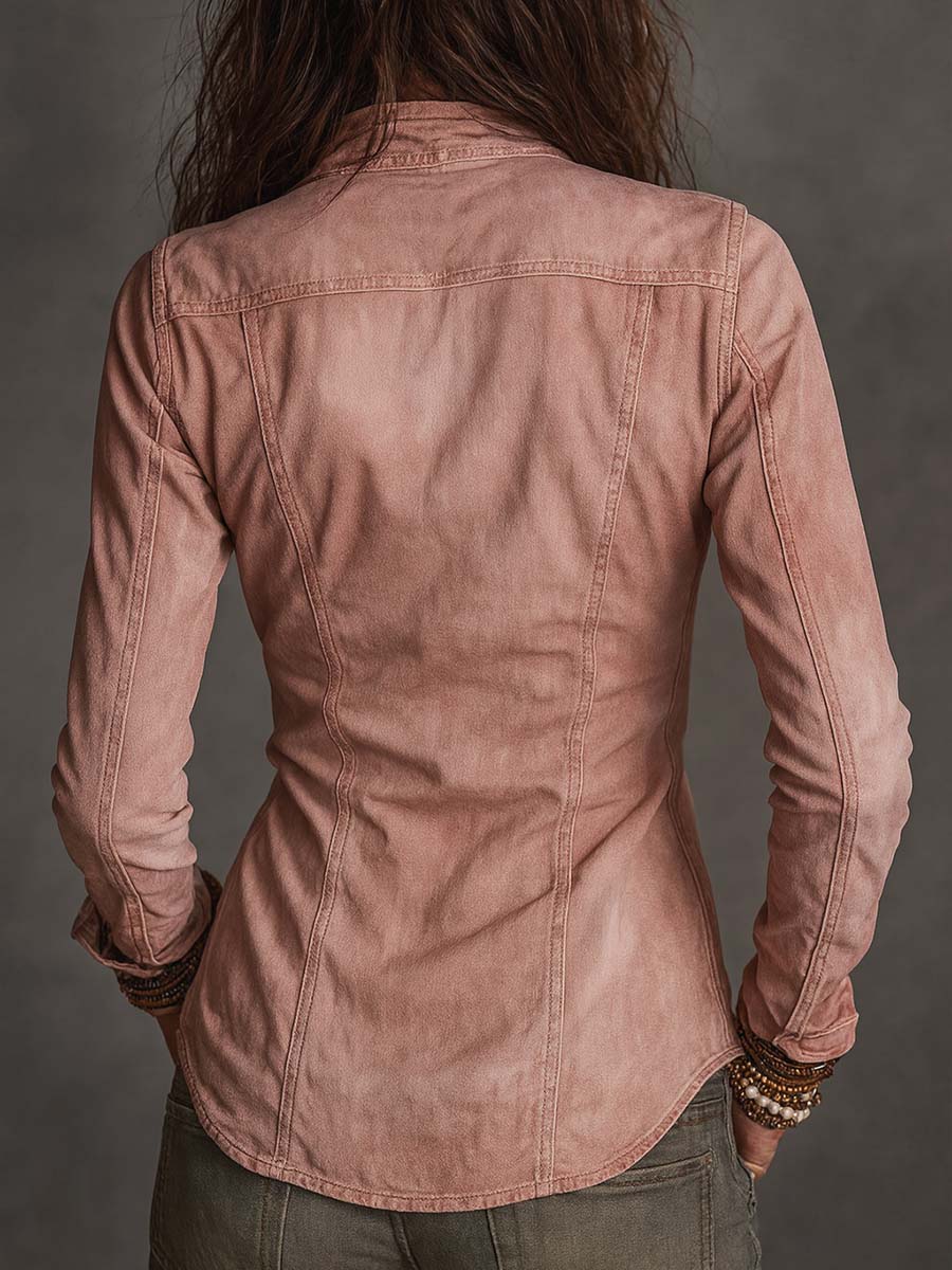 Distressed denim shirt side view