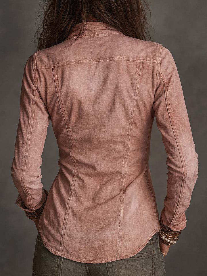 Distressed denim shirt side view