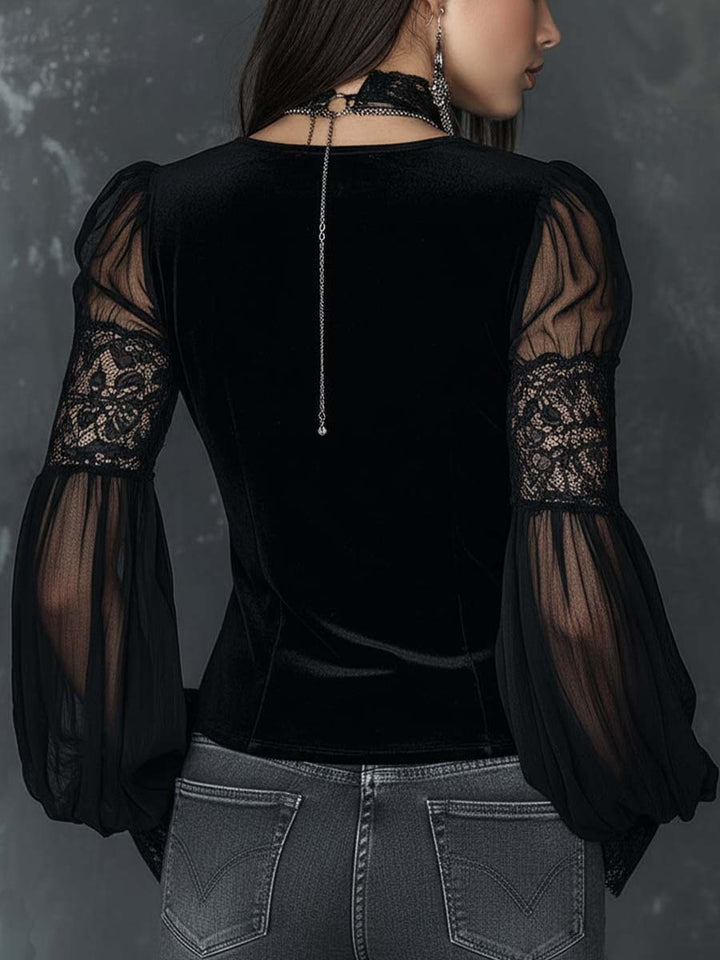 Henley collar velvet blouse side view