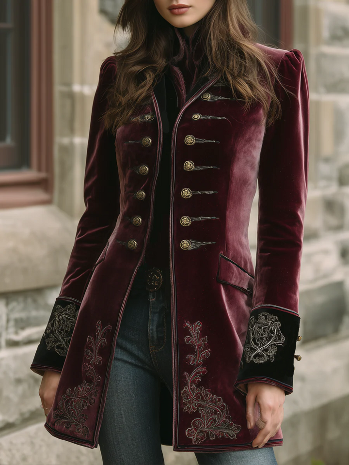 Vintage contrast trim embroidered velvet coat front view