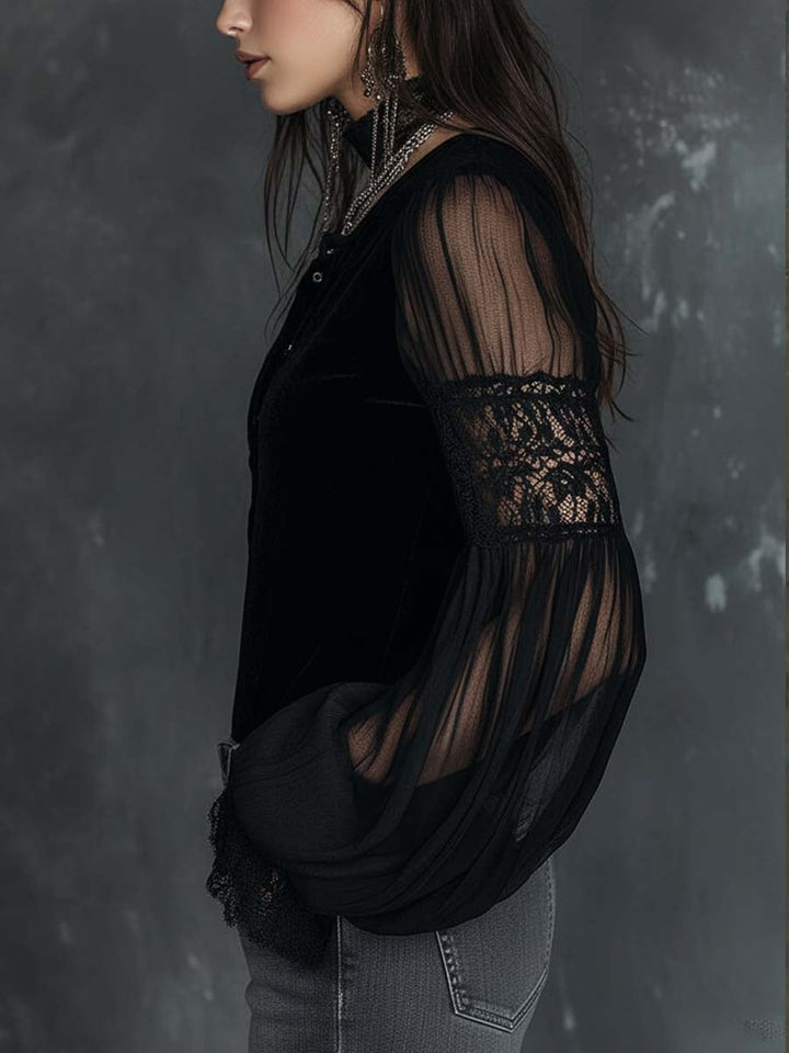 Sheer sleeve lace velvet blouse back view