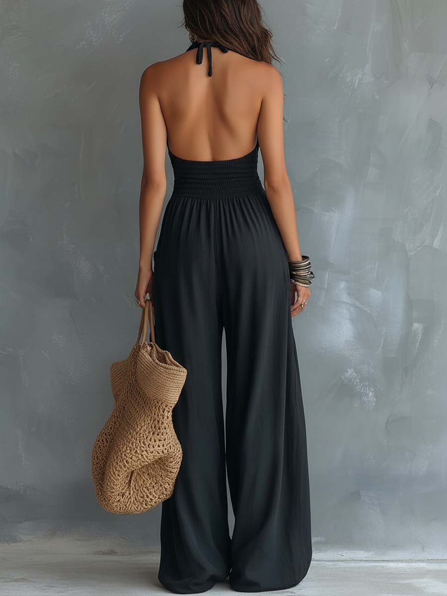 Halter-neck lace jumpsuit side view