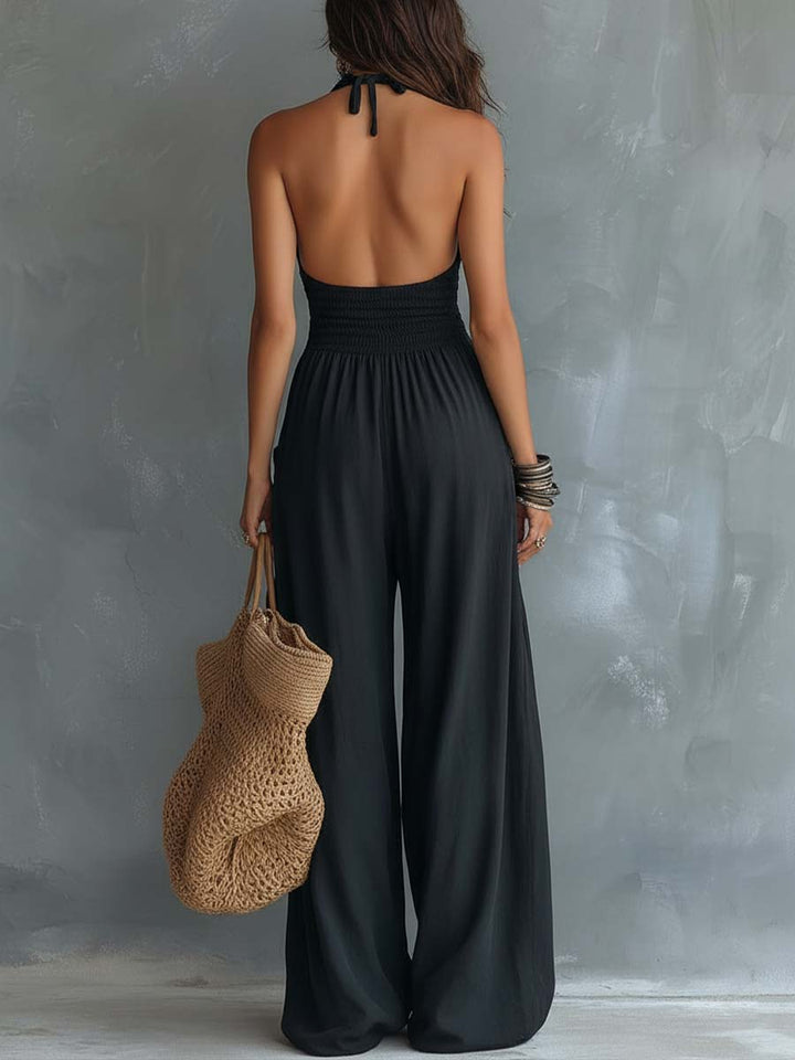 Halter-neck lace jumpsuit side view