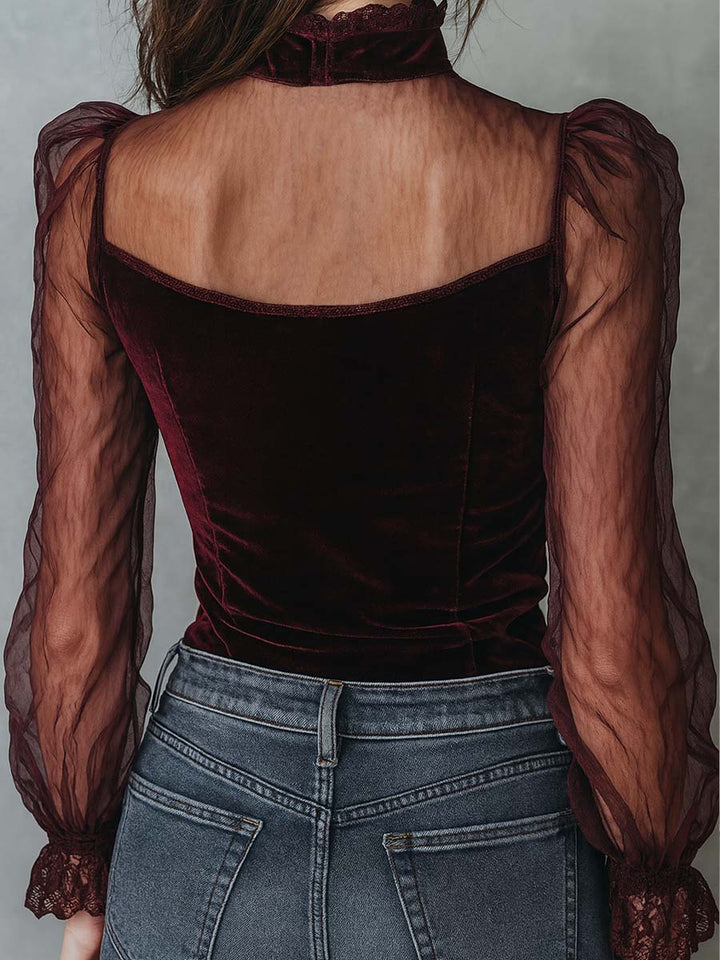 Velvet sheer sleeve blouse side view