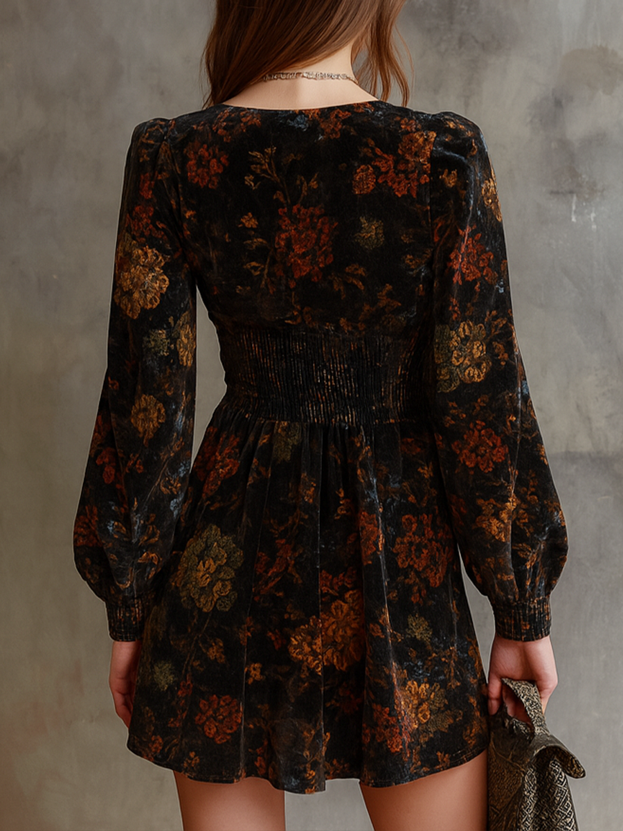 Retro floral print pleated waist velvet mini dress back view