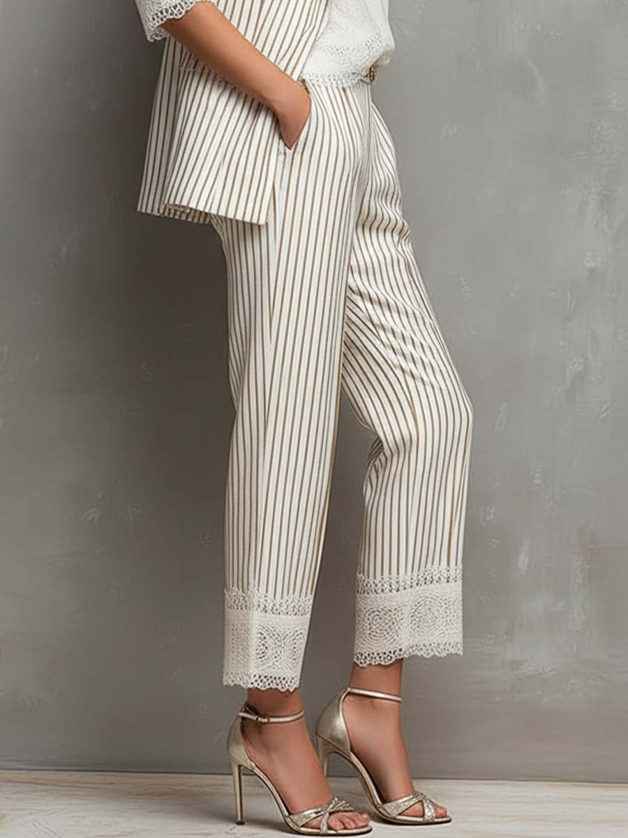 Striped lace cropped trousers side view