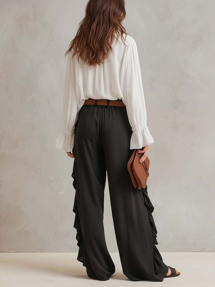 Retro ruffled chiffon shirt and pants two-piece set back view