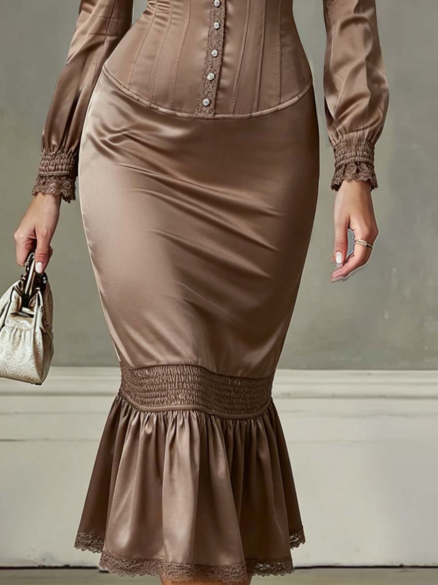 Lace trim satin ruffled midi dress back view