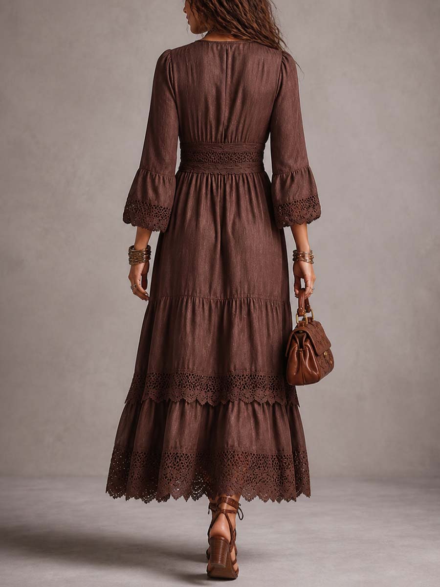 Cotton-linen puff sleeve midi dress side view