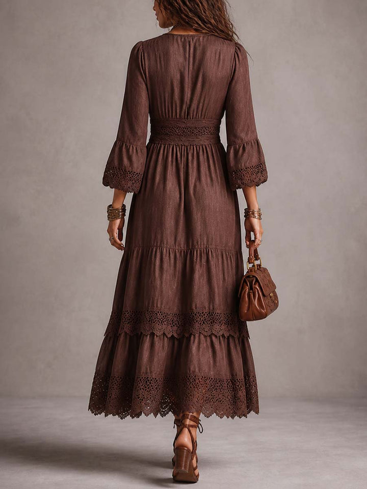 Cotton-linen puff sleeve midi dress side view