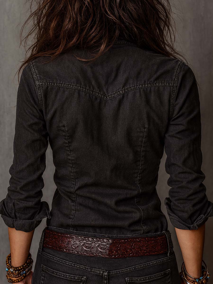 Vintage denim zip blouse detail view