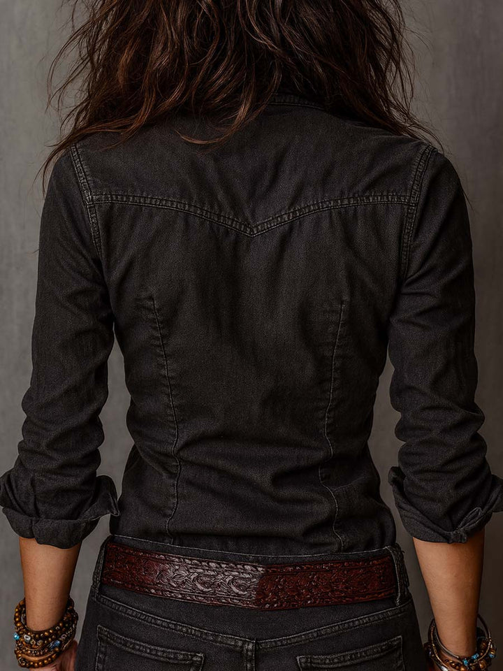 Vintage denim zip blouse detail view