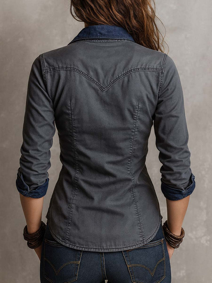 Zip-up long sleeve denim shirt side view