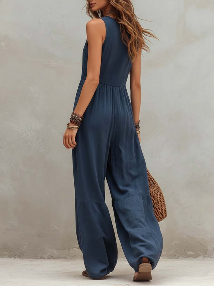 Retro ruffle neck cotton linen jumpsuit styled view