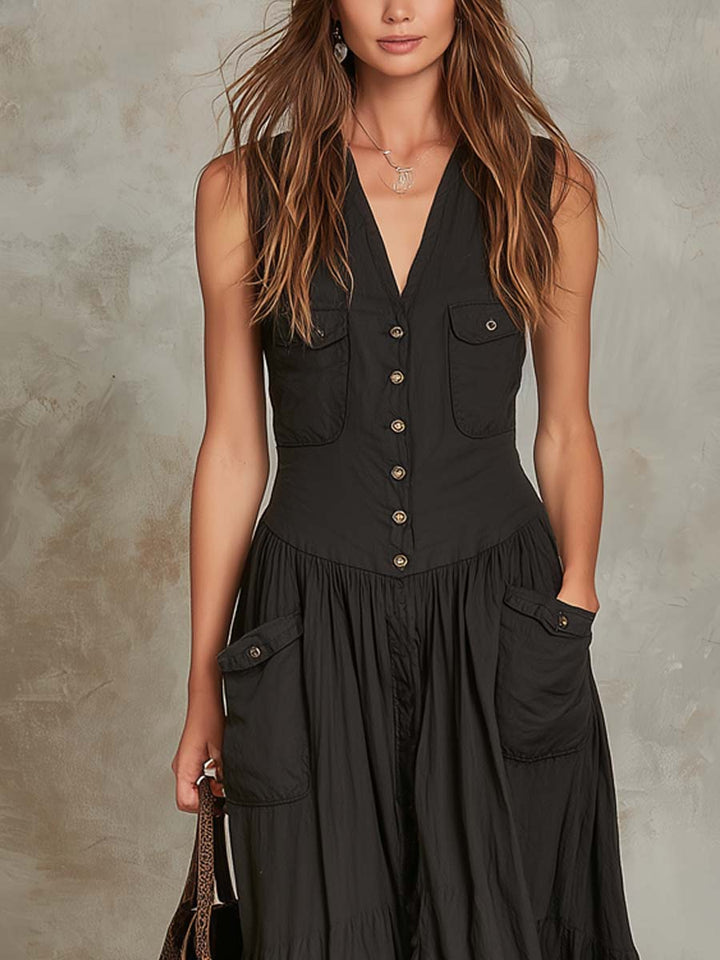 Flap pocket cotton maxi dress side view