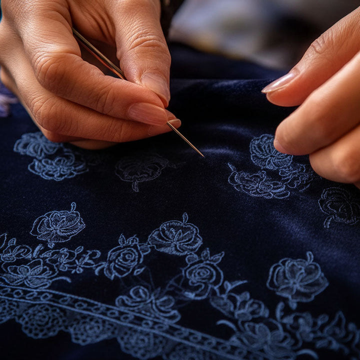 Velvet lace trim bell sleeve detail view