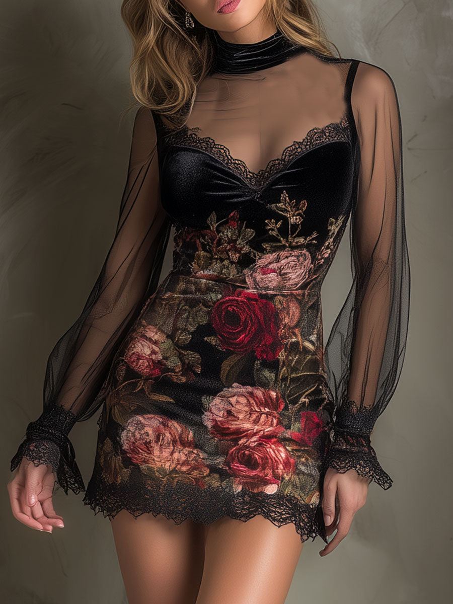 Velvet rose print sheer patchwork lace mini dress front view