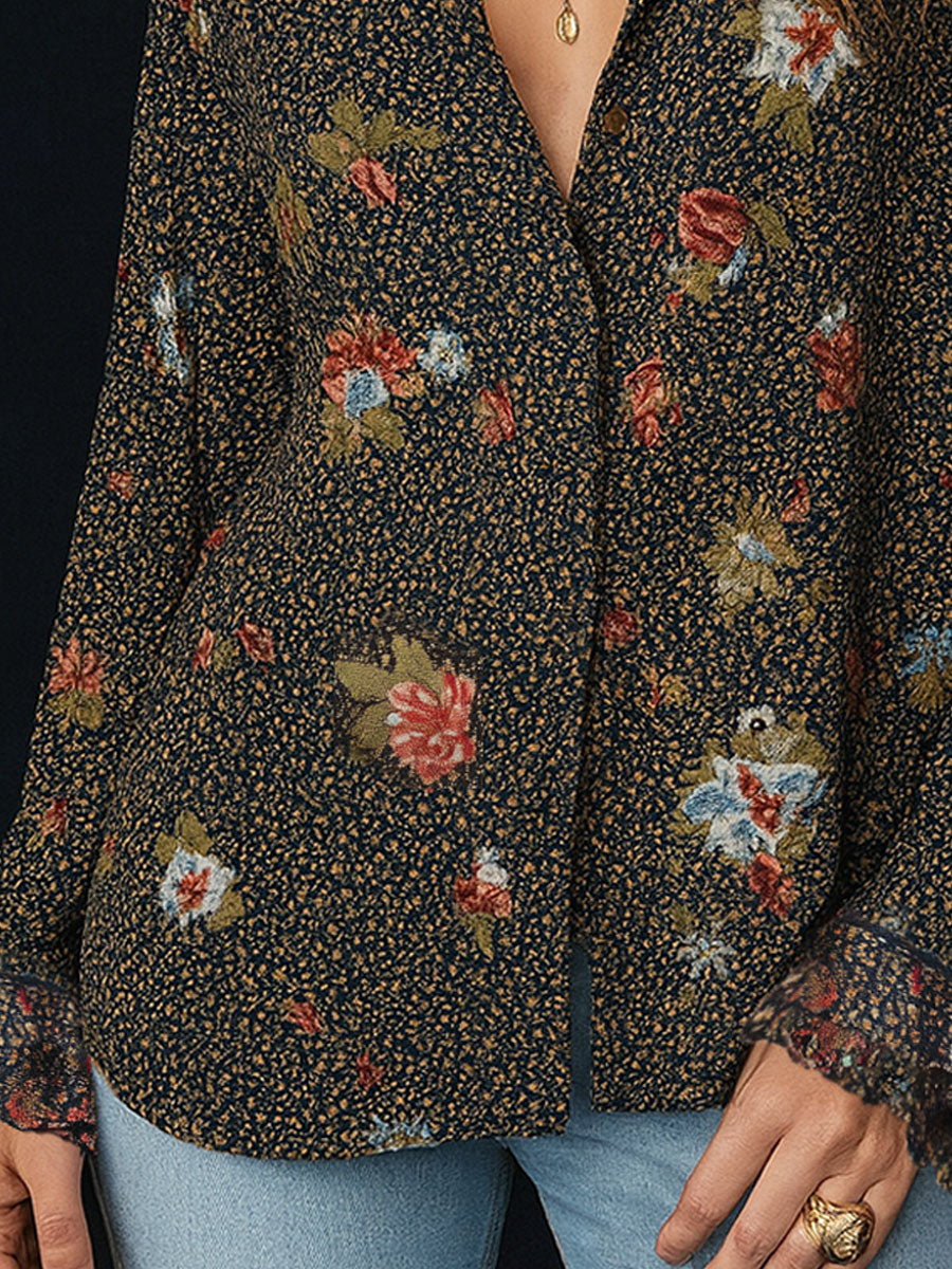 Floral ruffled sleeve blouse detail view