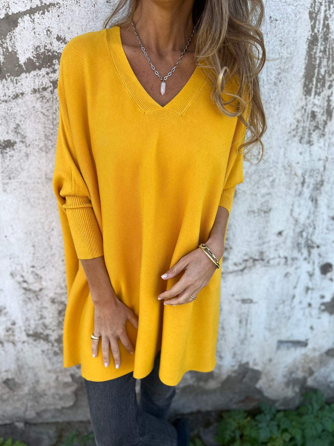 Grace Comfortable V-neck Long Sleeve Sweater — styled view