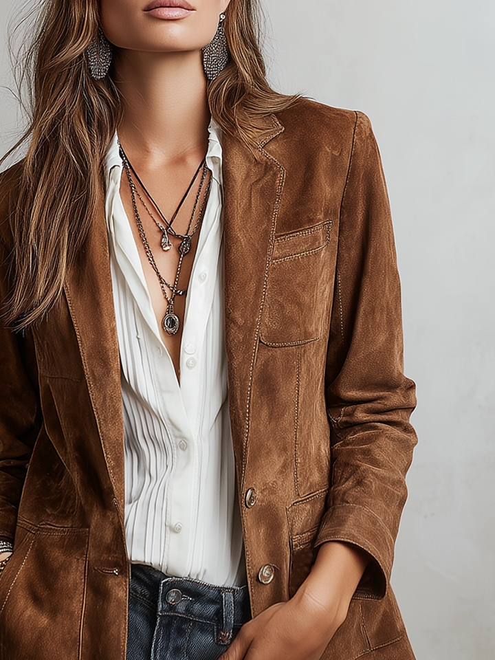 Contrast stitching suede jacket detail view