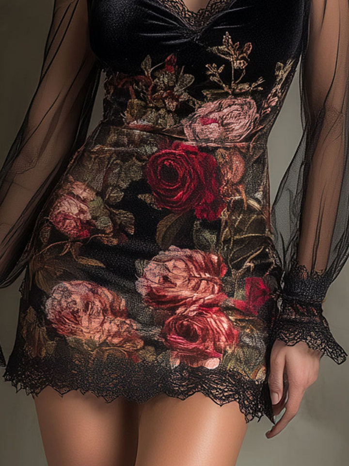 Velvet rose patchwork mini dress full length view
