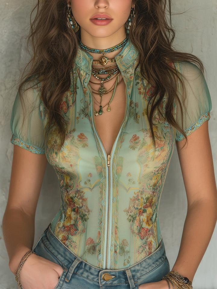 Retro print slim-fit chiffon blouse front view