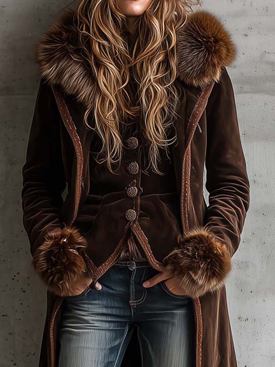 Brown microfiber suede maxi coat metal buttons faux fur trim side view