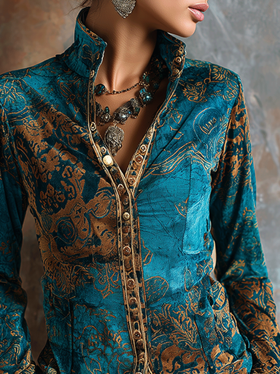 Blue velvet golden print blouse back view