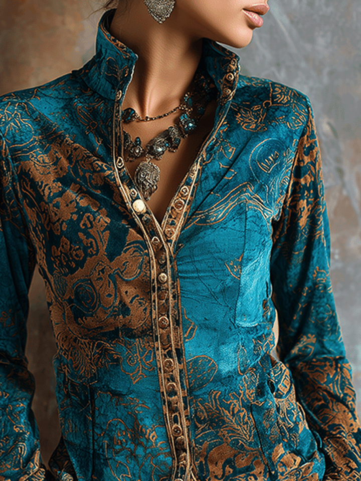 Blue velvet golden print blouse back view