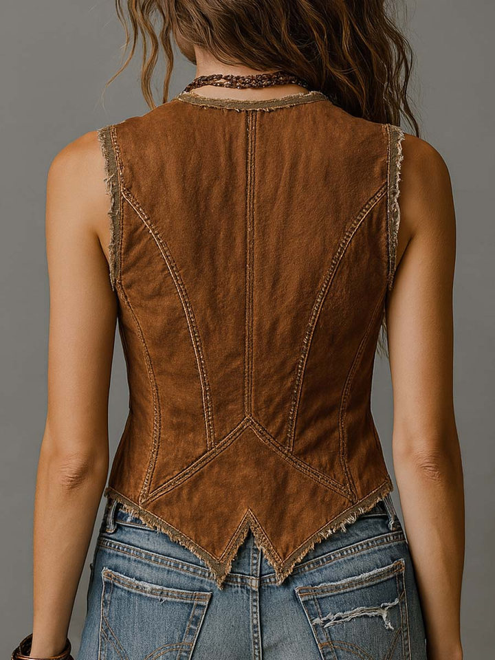 Washed caramel denim vest side view