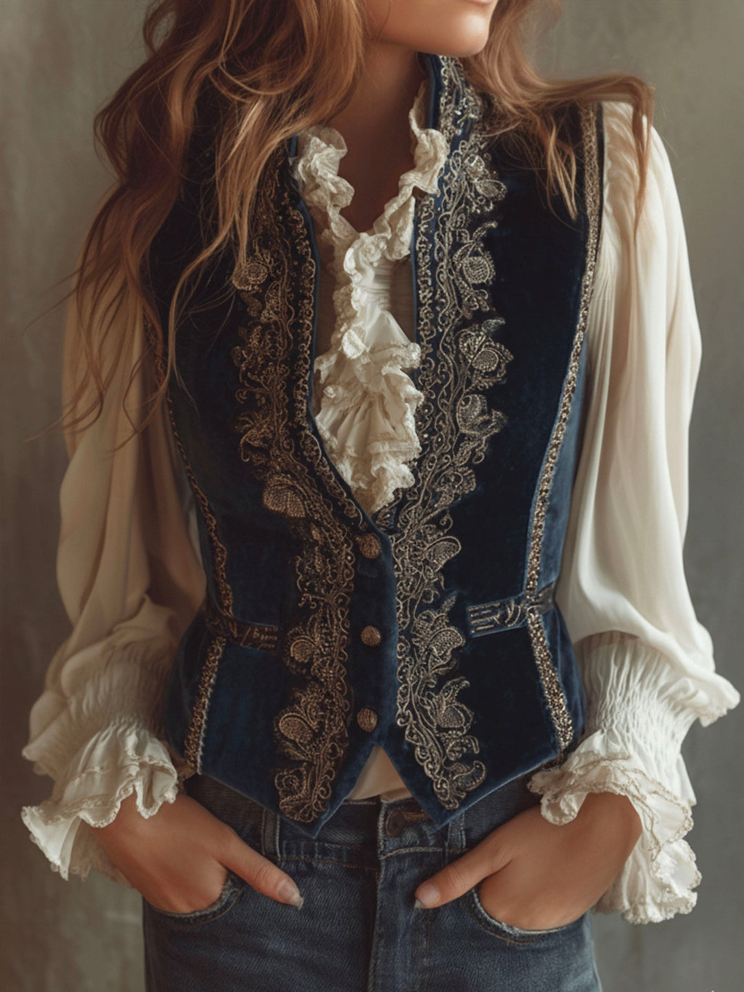 Vintage baroque navy blue velvet embroidered vest front view