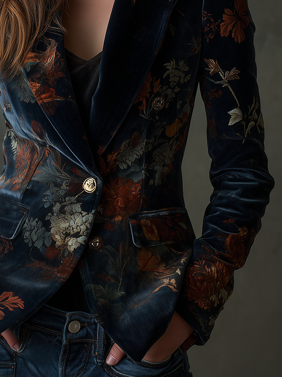 Vintage floral print metal button velvet blazer detail view