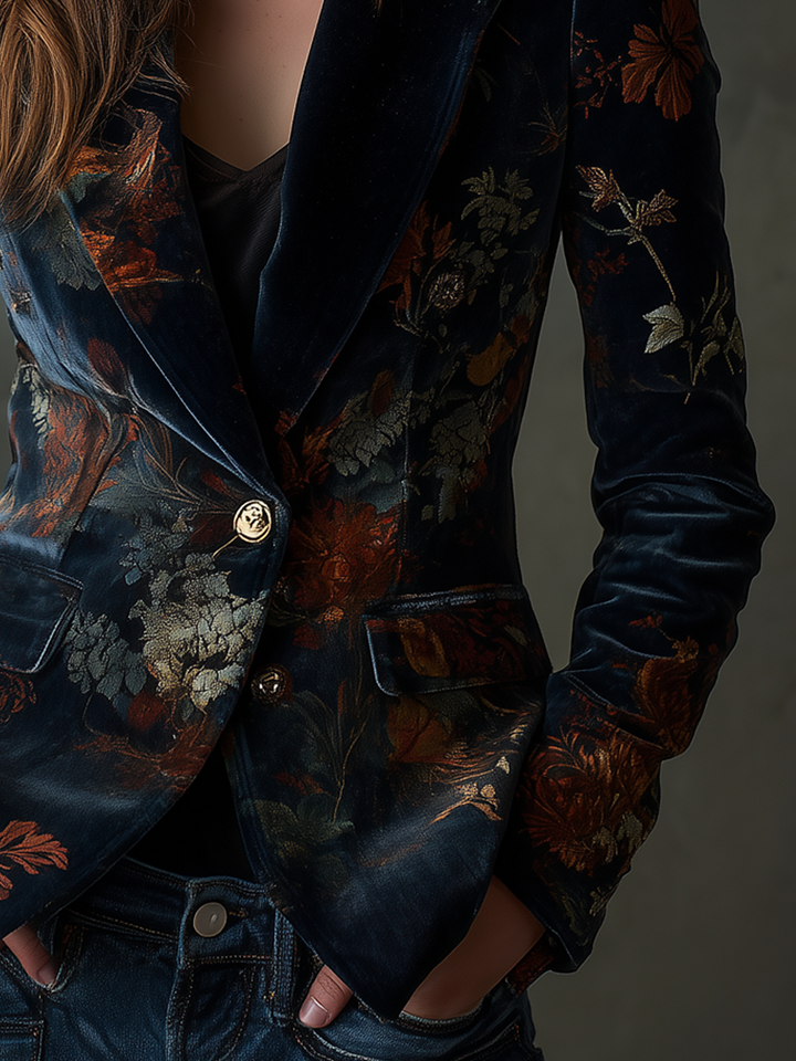 Vintage floral print metal button velvet blazer detail view