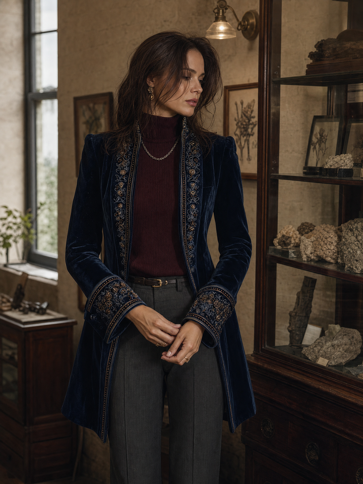 Navy velvet embroidered jacket styled look