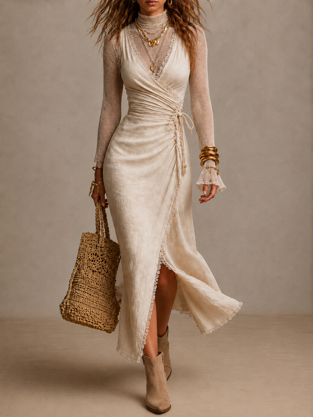 Wrap-front ruched linen midi dress side view
