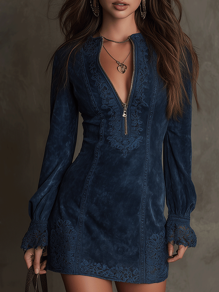 Vintage blue suede lace trim mini dress front view