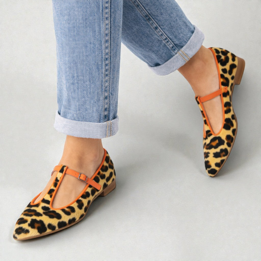 Lulu Leopard T-Strap Flats — front view