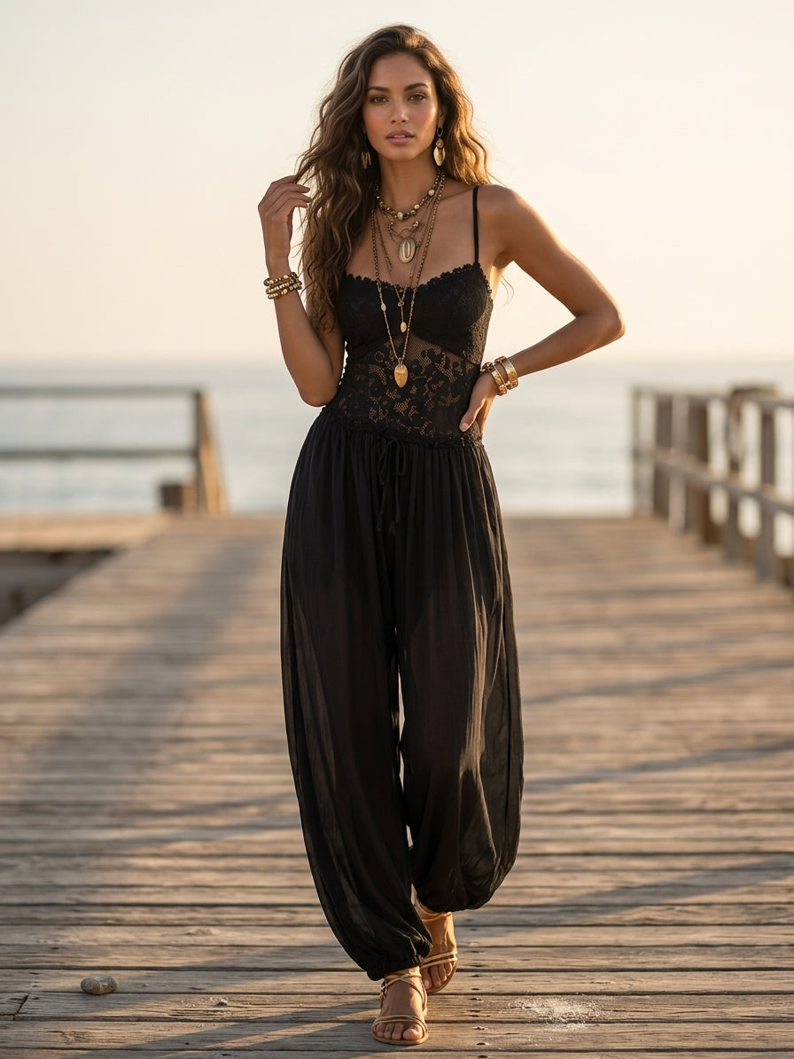 Halter harem jumpsuit lace detail close-up