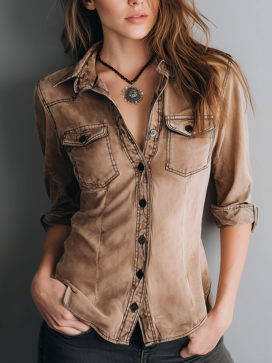 Retro washed contrast stitching blouse front view