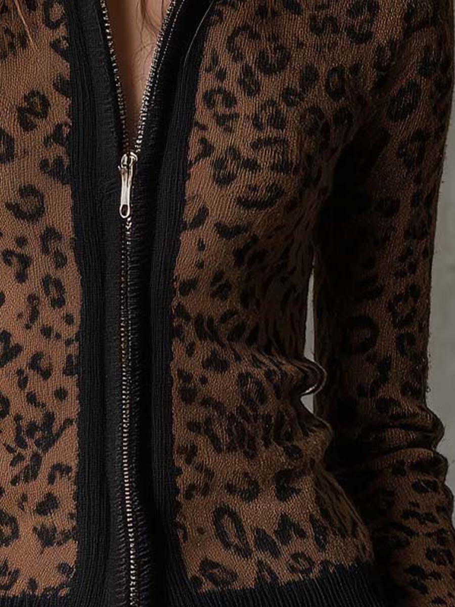 Leopard print zip cardigan detail view
