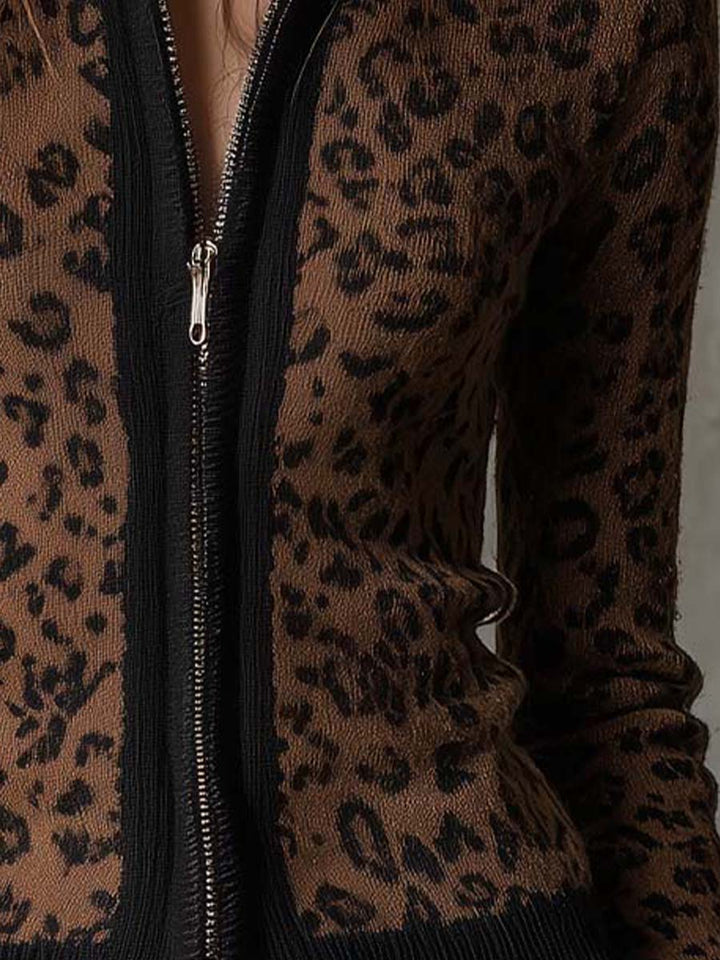 Leopard print zip cardigan detail view