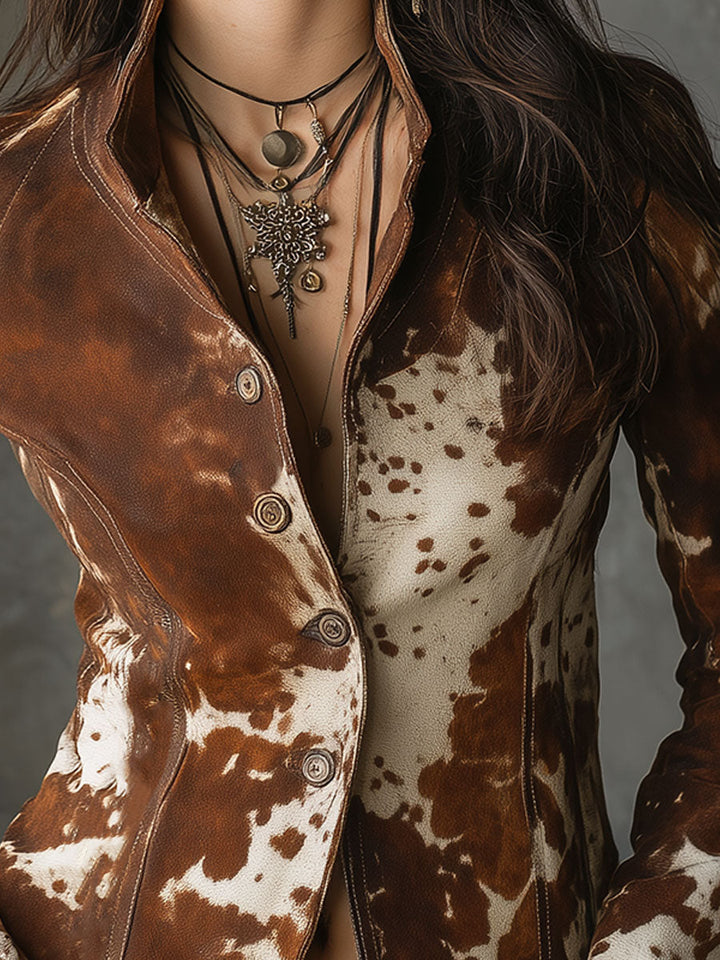 Cow print suede jacket detail view