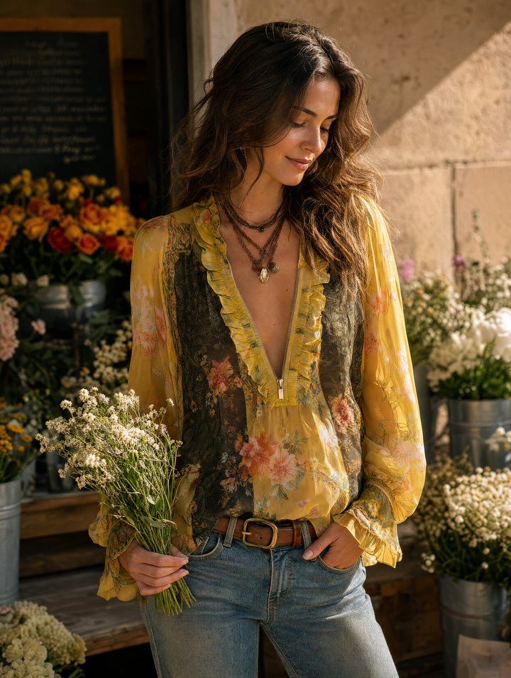 Ruffled floral chiffon blouse zip detail
