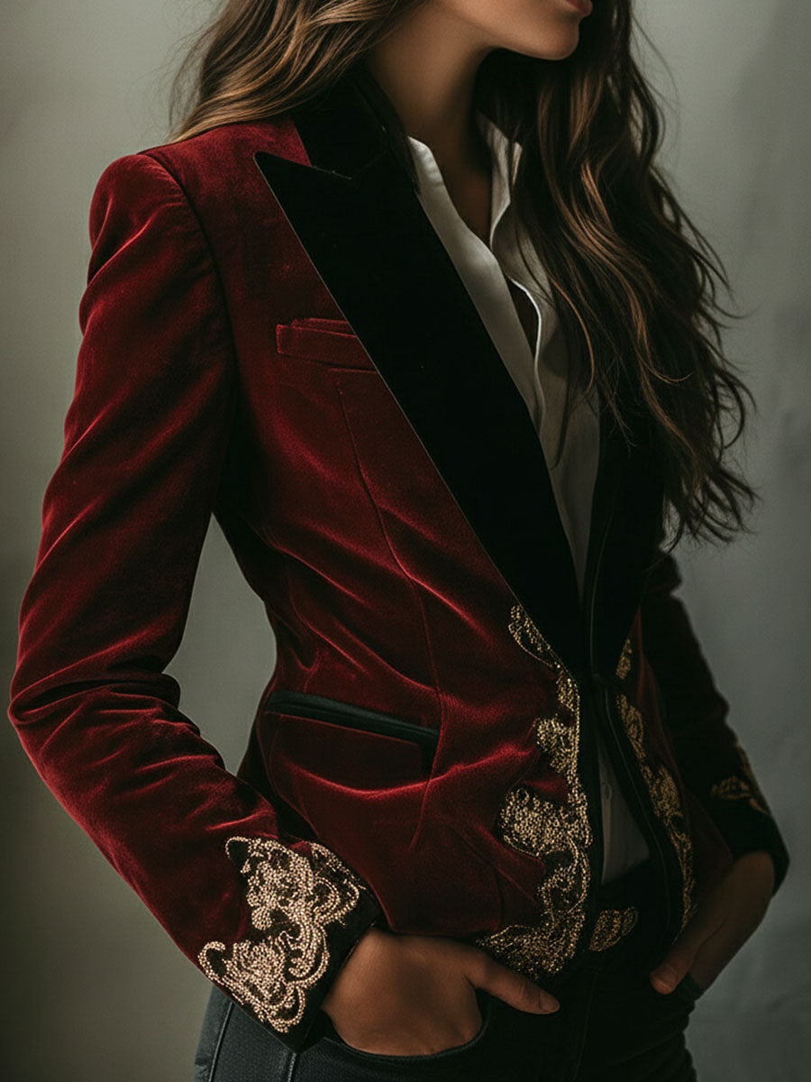 Black gold velvet blazer side view