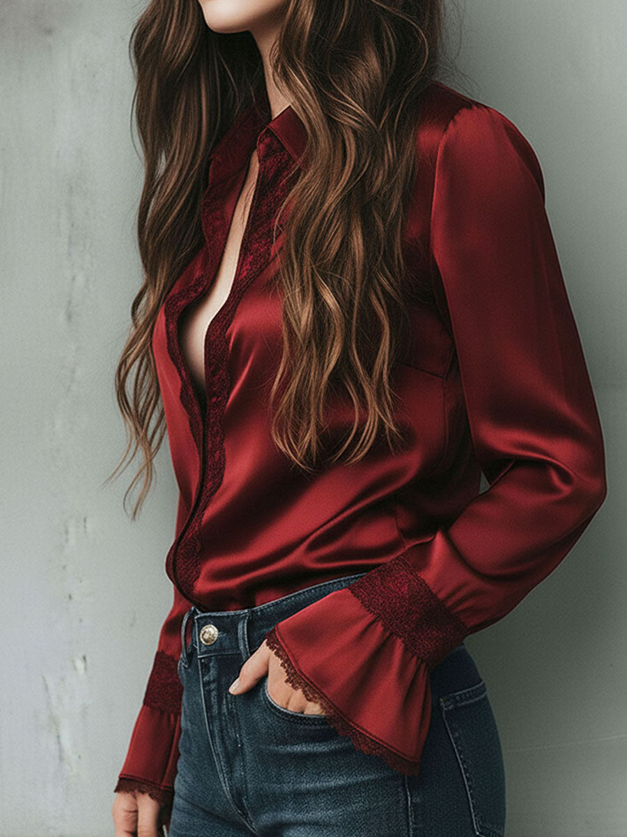 Elegant burgundy satin blouse full length view