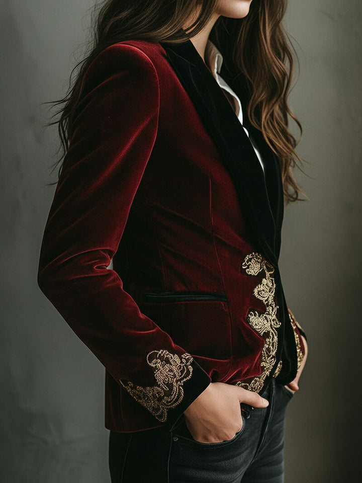 Gold embroidered velvet blazer back view