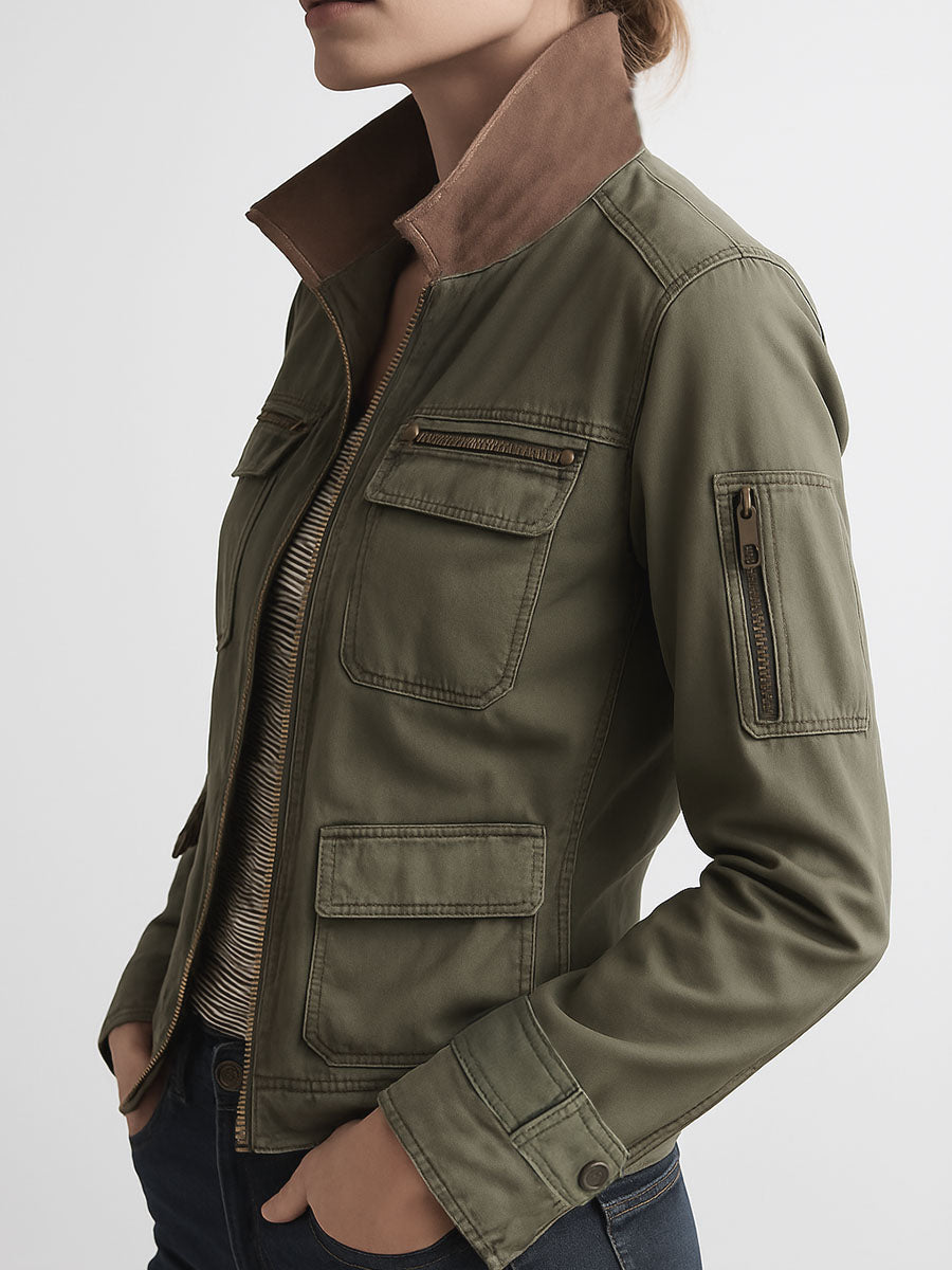 Olive green cargo jacket full length view